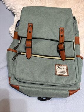 Mansion Sage Green Canvas Laptop Backpack with Brown Leather Trim